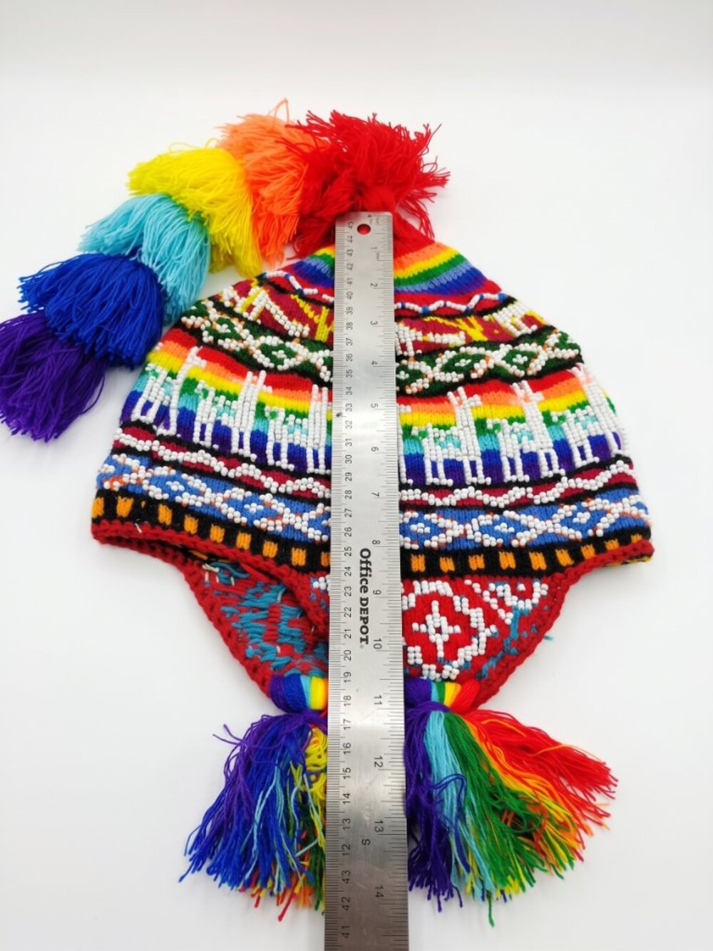 Traditional Andean Chullo with Rhinestones and Rainbow Tassels - Picture 6 of 7